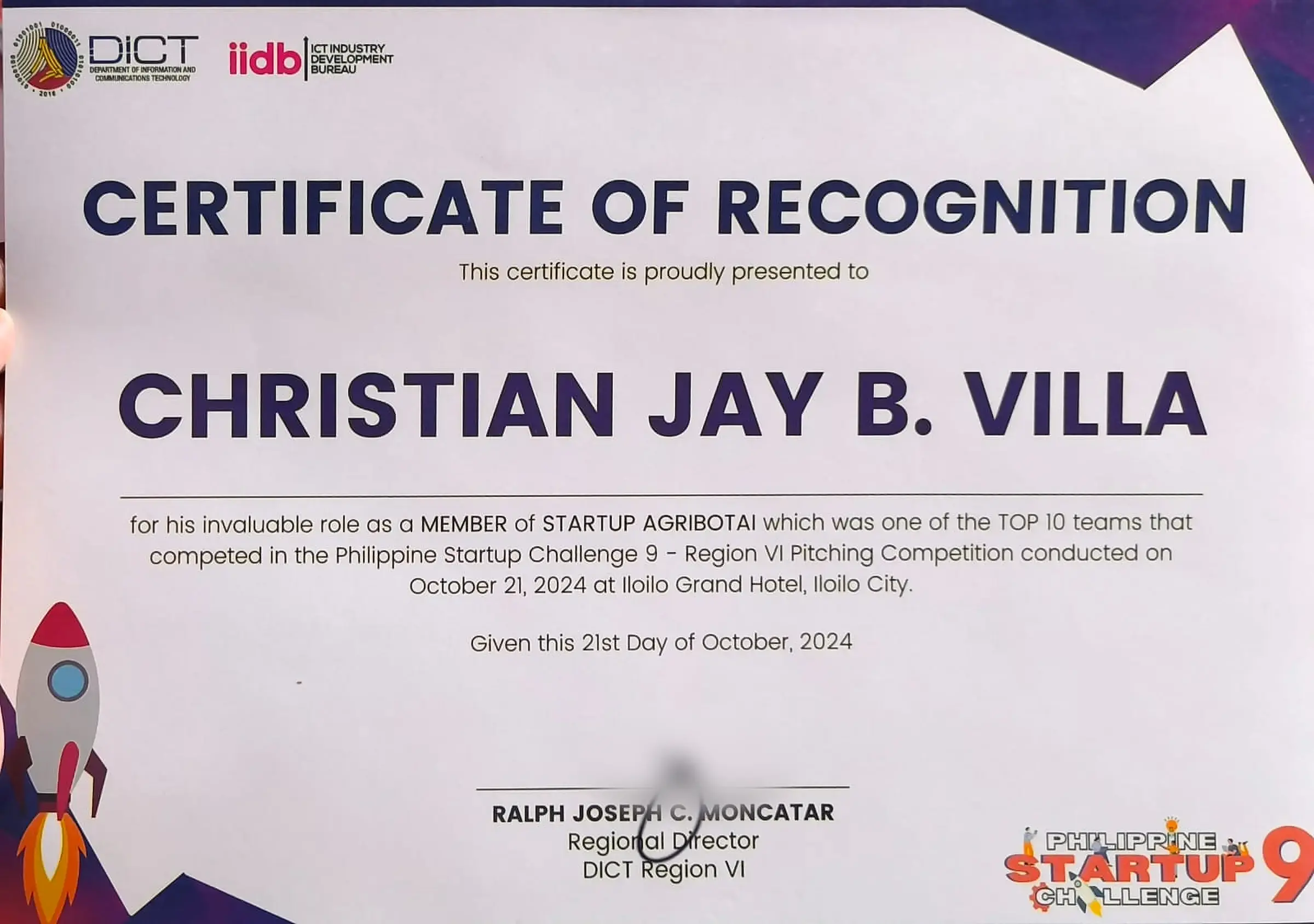 Philippine Startup Challenge 9 certificate