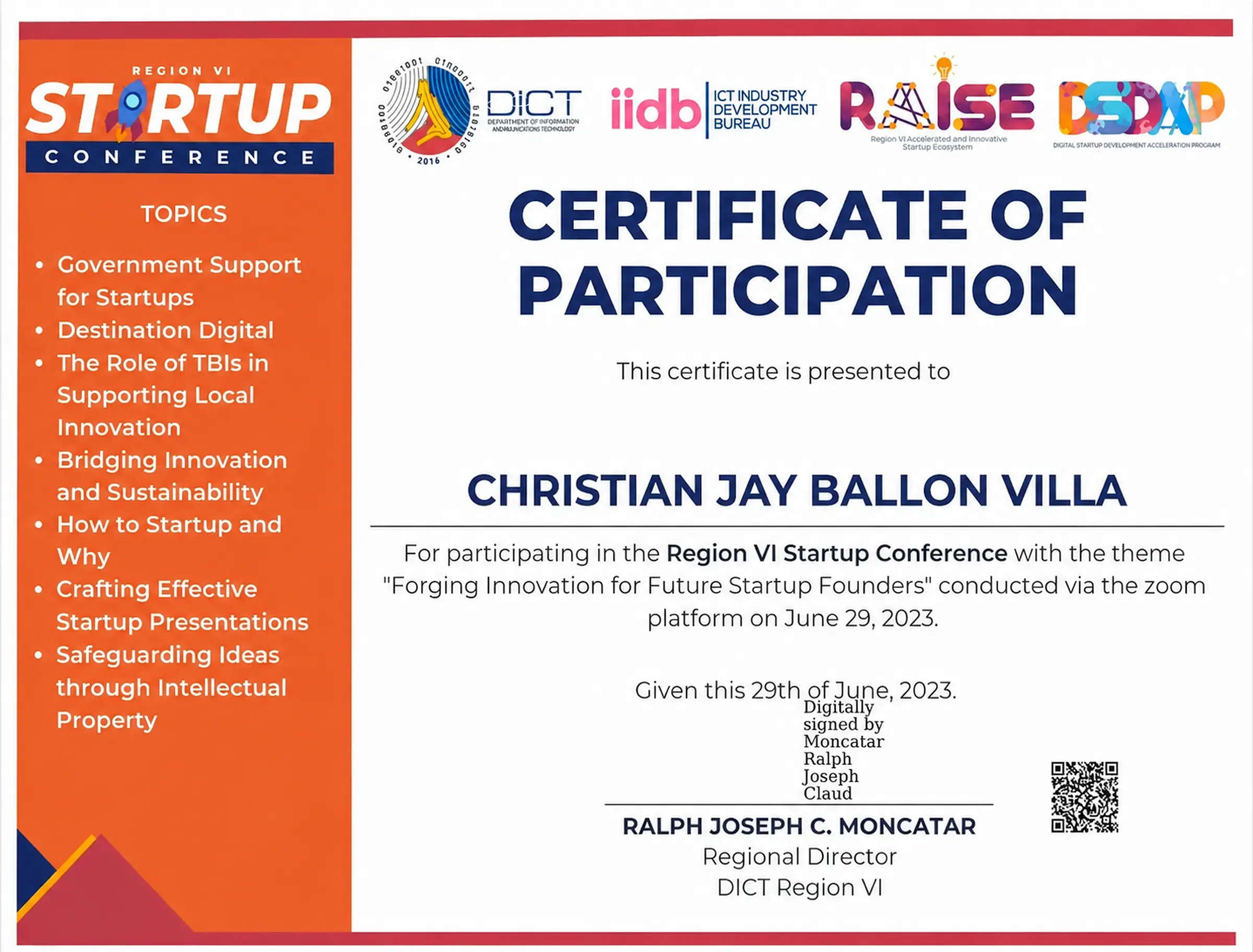 Region VI Startup Conference certificate