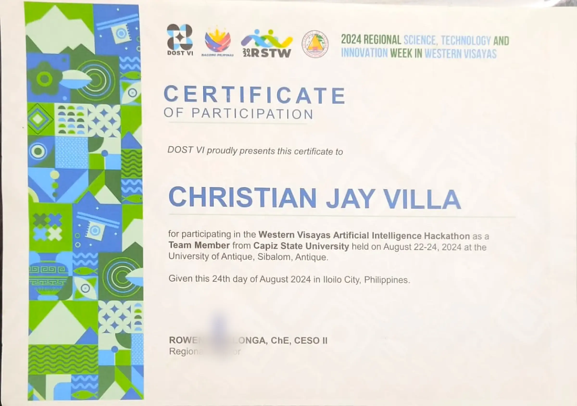 Western Visayas AI Hackathon certificate