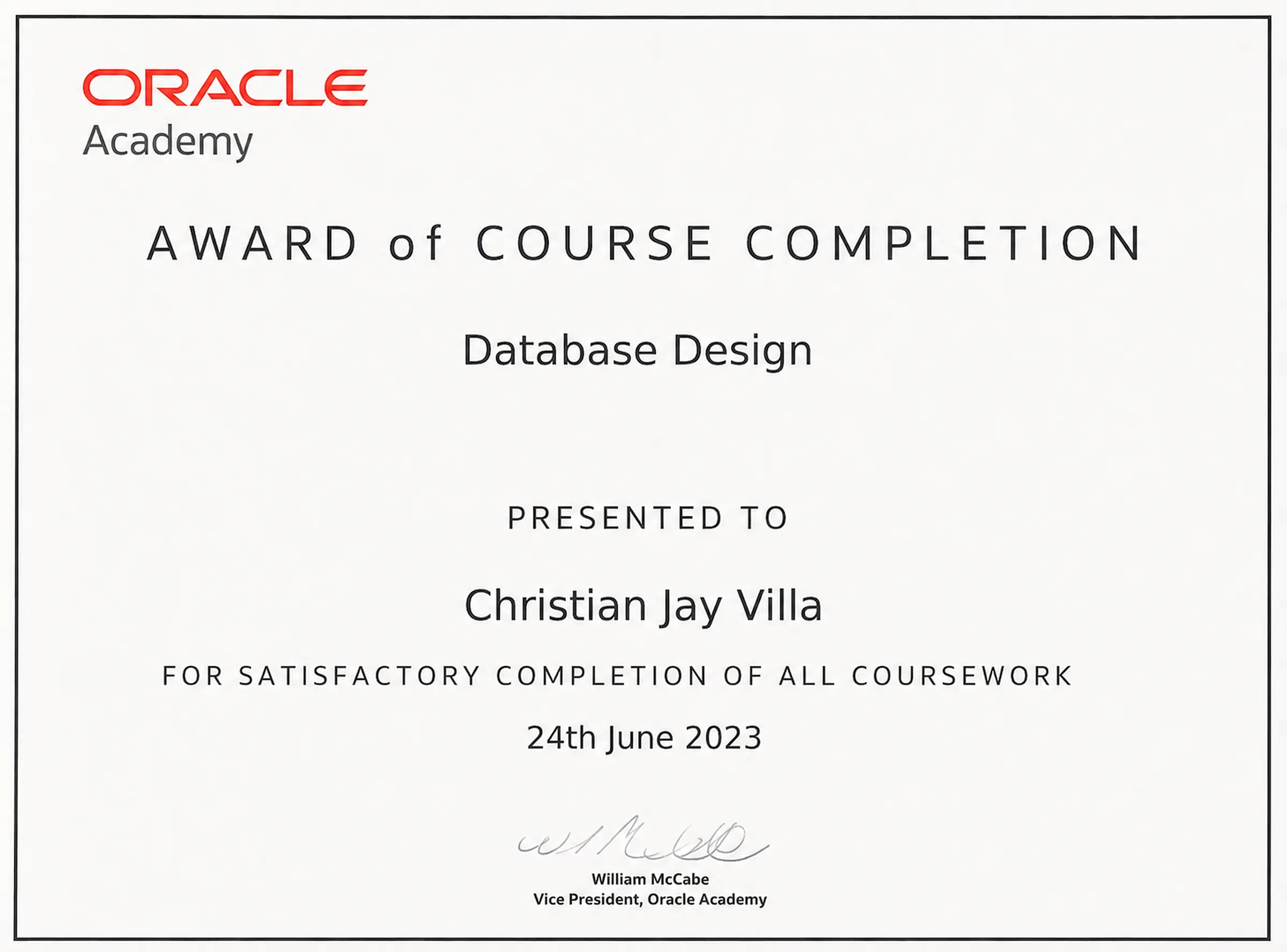 Database Design certificate