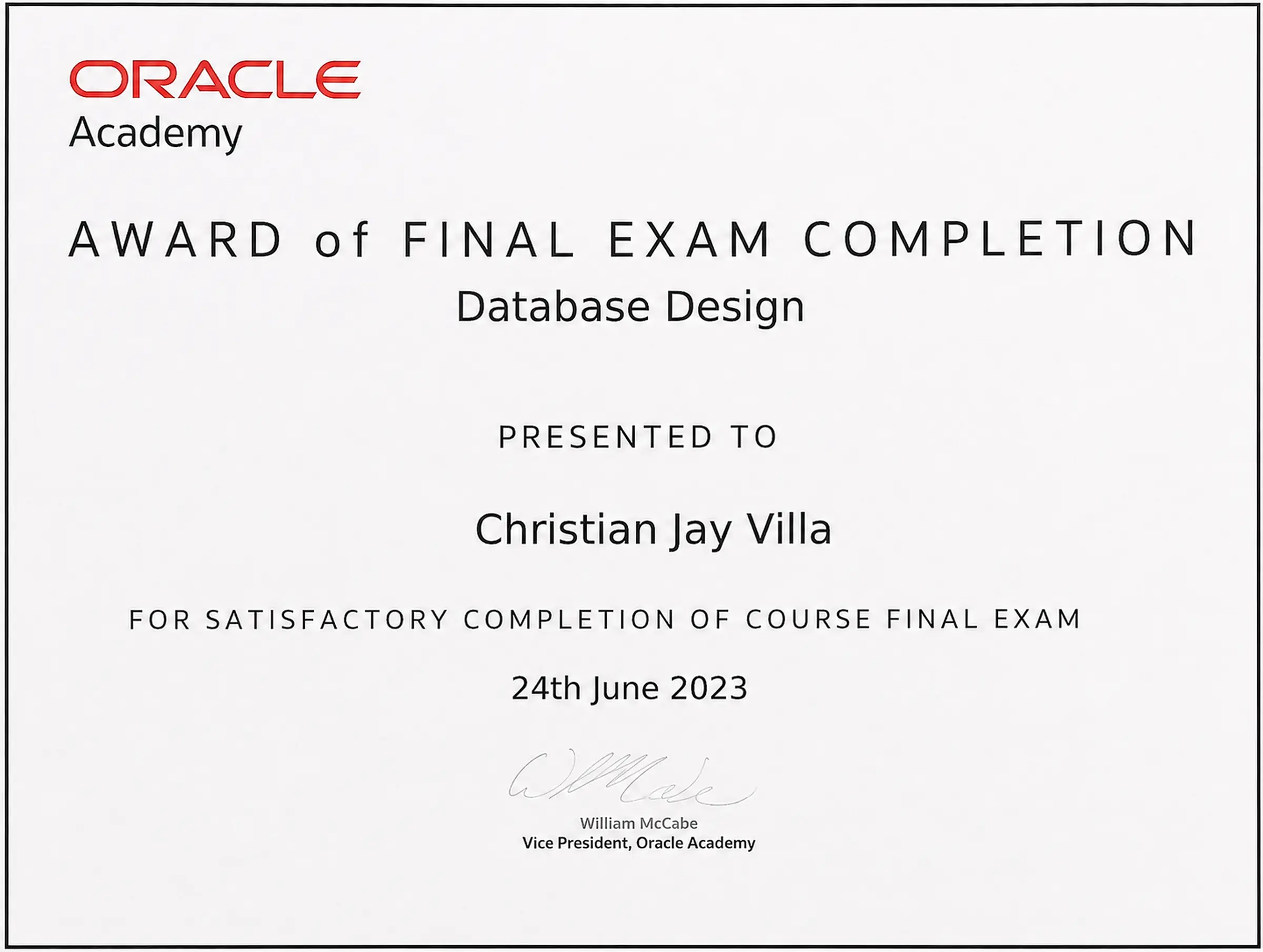 Database Design Final Exam certificate
