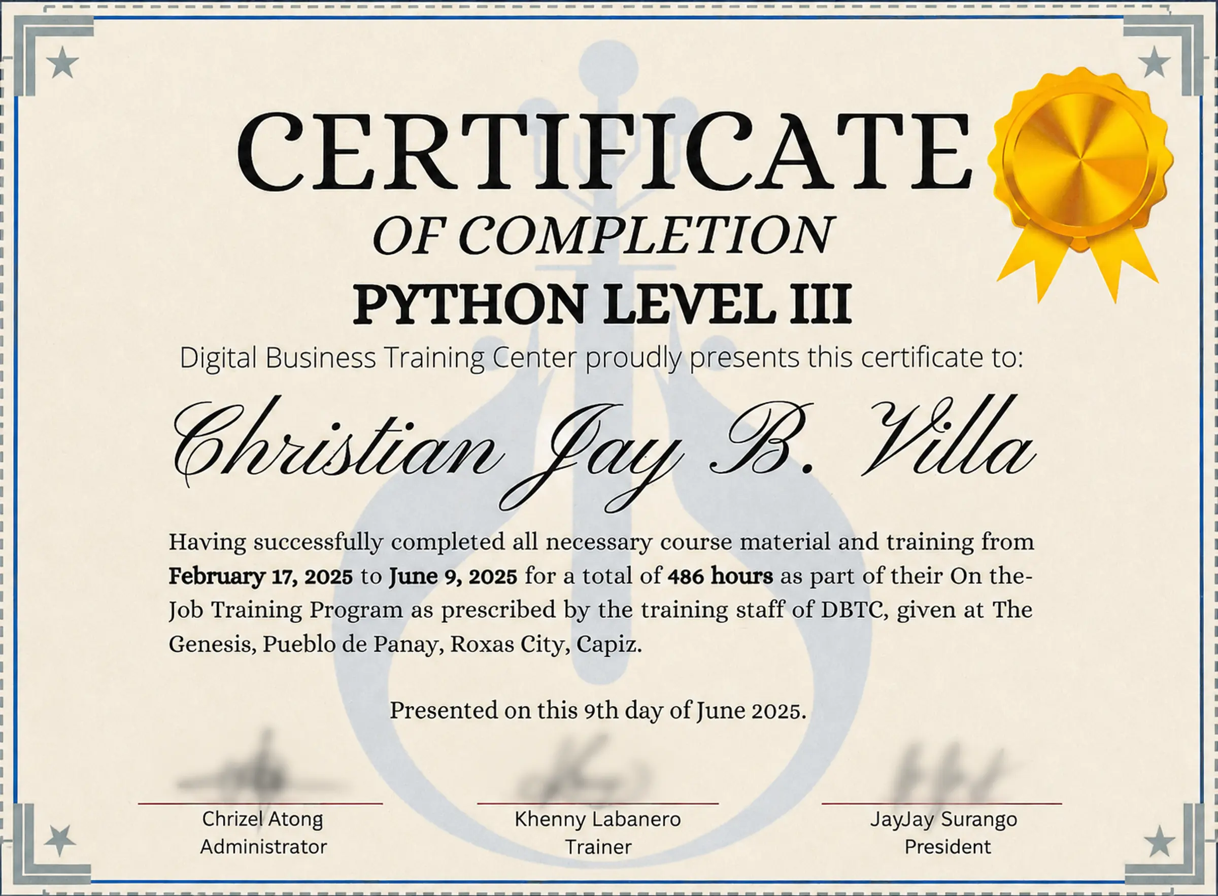 Python Level III certificate